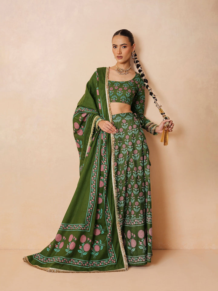 Women Olive Floral Round Neck Crop Top With Anarkali Skirt &amp; Dupatta