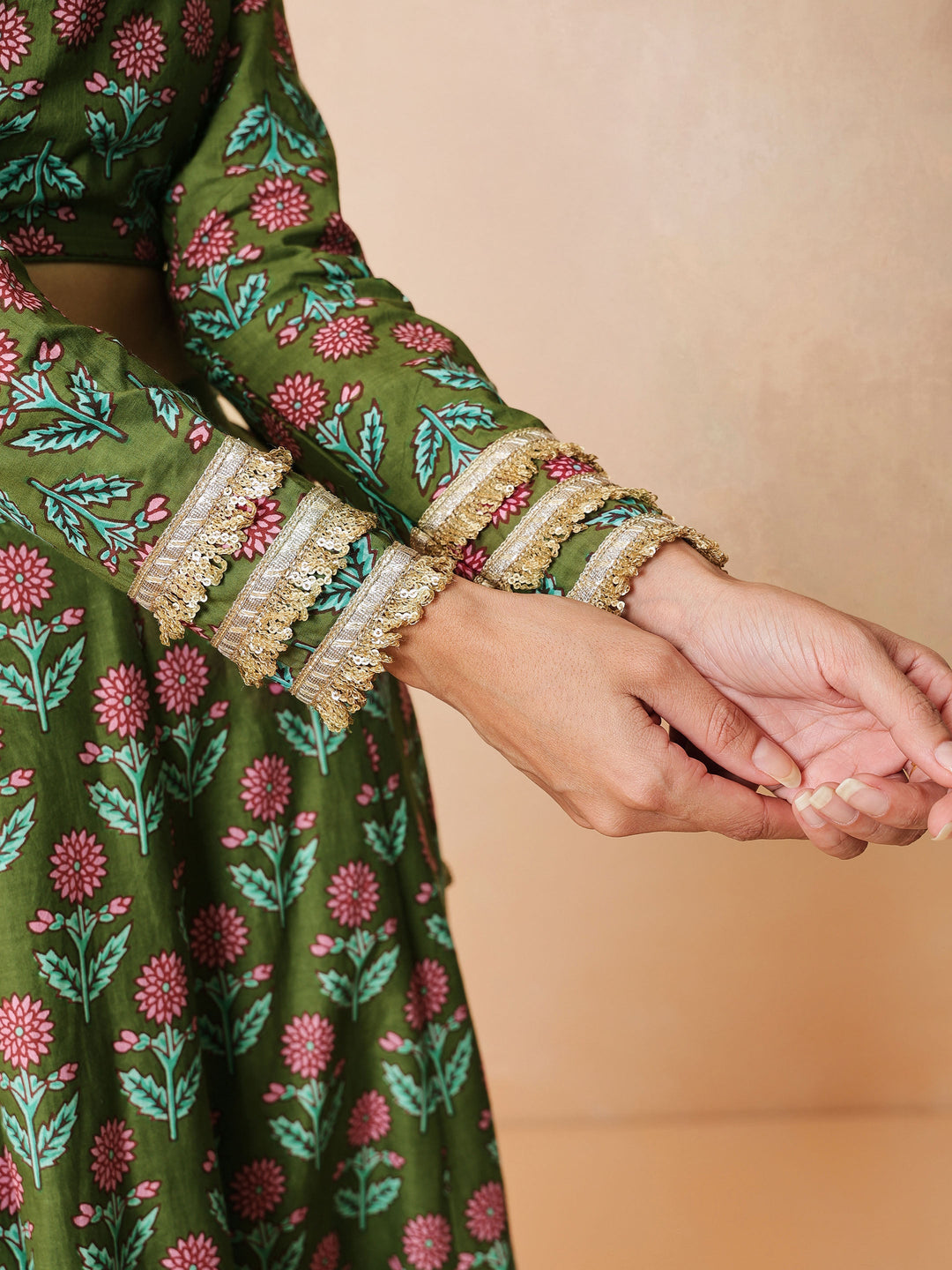 Women Olive Floral Round Neck Crop Top With Anarkali Skirt &amp; Dupatta