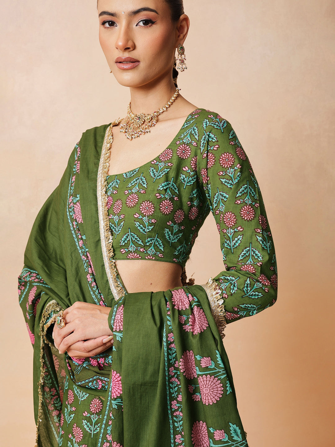 Women Olive Floral Round Neck Crop Top With Anarkali Skirt &amp; Dupatta