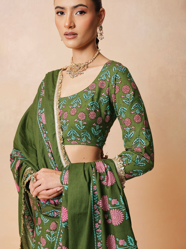 Women Olive Floral Round Neck Crop Top With Anarkali Skirt &amp; Dupatta
