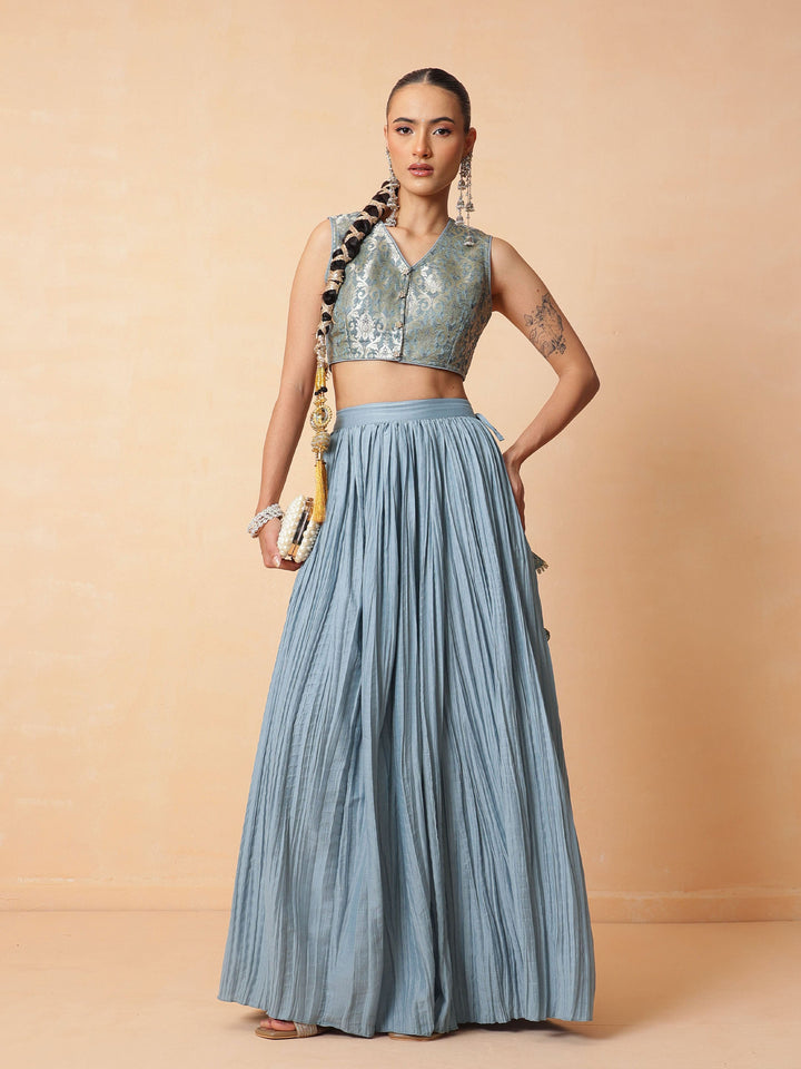 Women Powder Blue Brocade Sleeveless Crop Top With Pleated Skirt