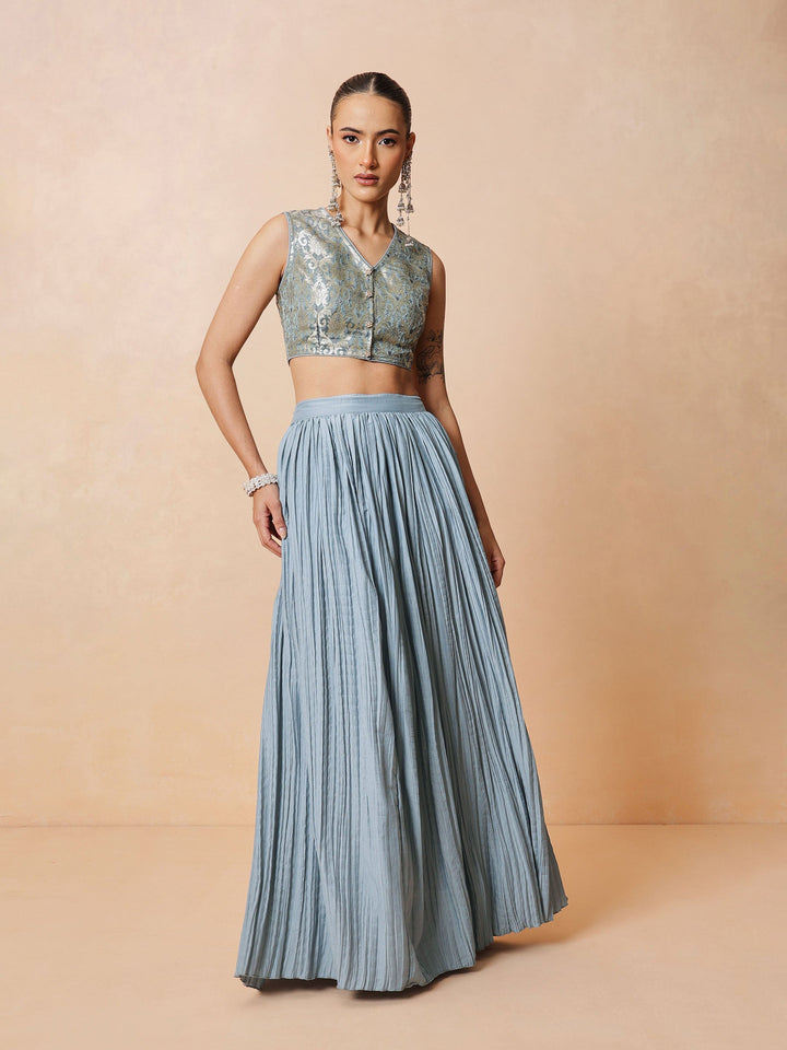 Women Powder Blue Brocade Sleeveless Crop Top With Pleated Skirt