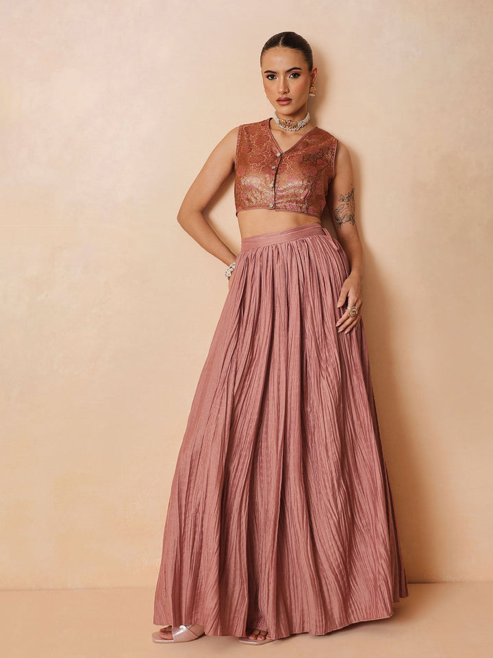 Women Onion Pink Brocade Sleeveless Crop Top With Pleated Skirt