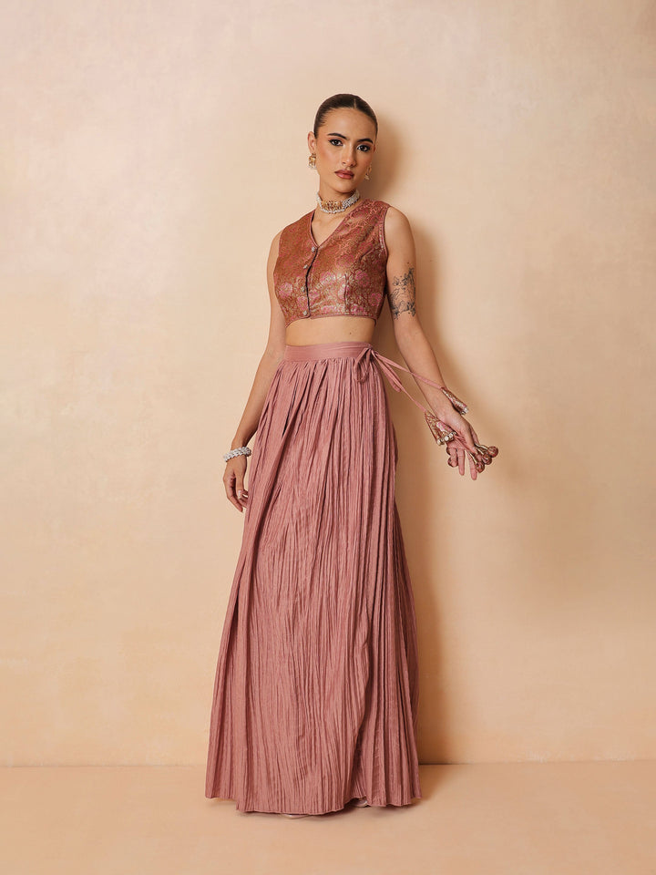 Women Onion Pink Brocade Sleeveless Crop Top With Pleated Skirt