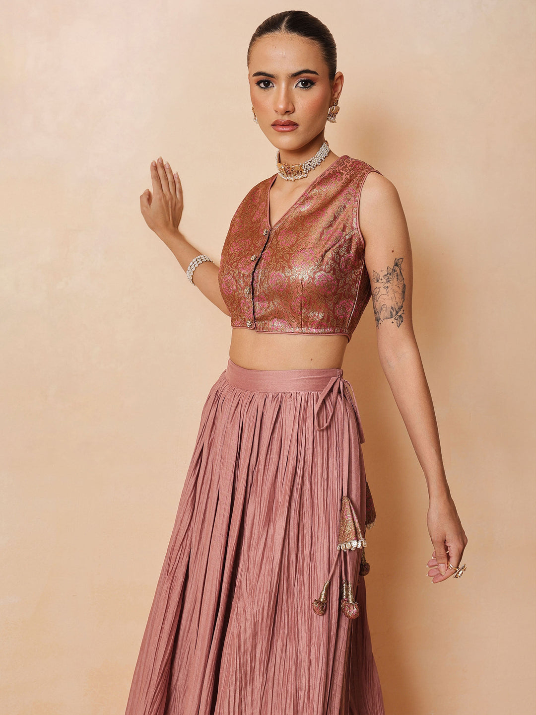Women Onion Pink Brocade Sleeveless Crop Top With Pleated Skirt