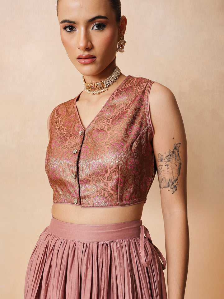 Women Onion Pink Brocade Sleeveless Crop Top With Pleated Skirt