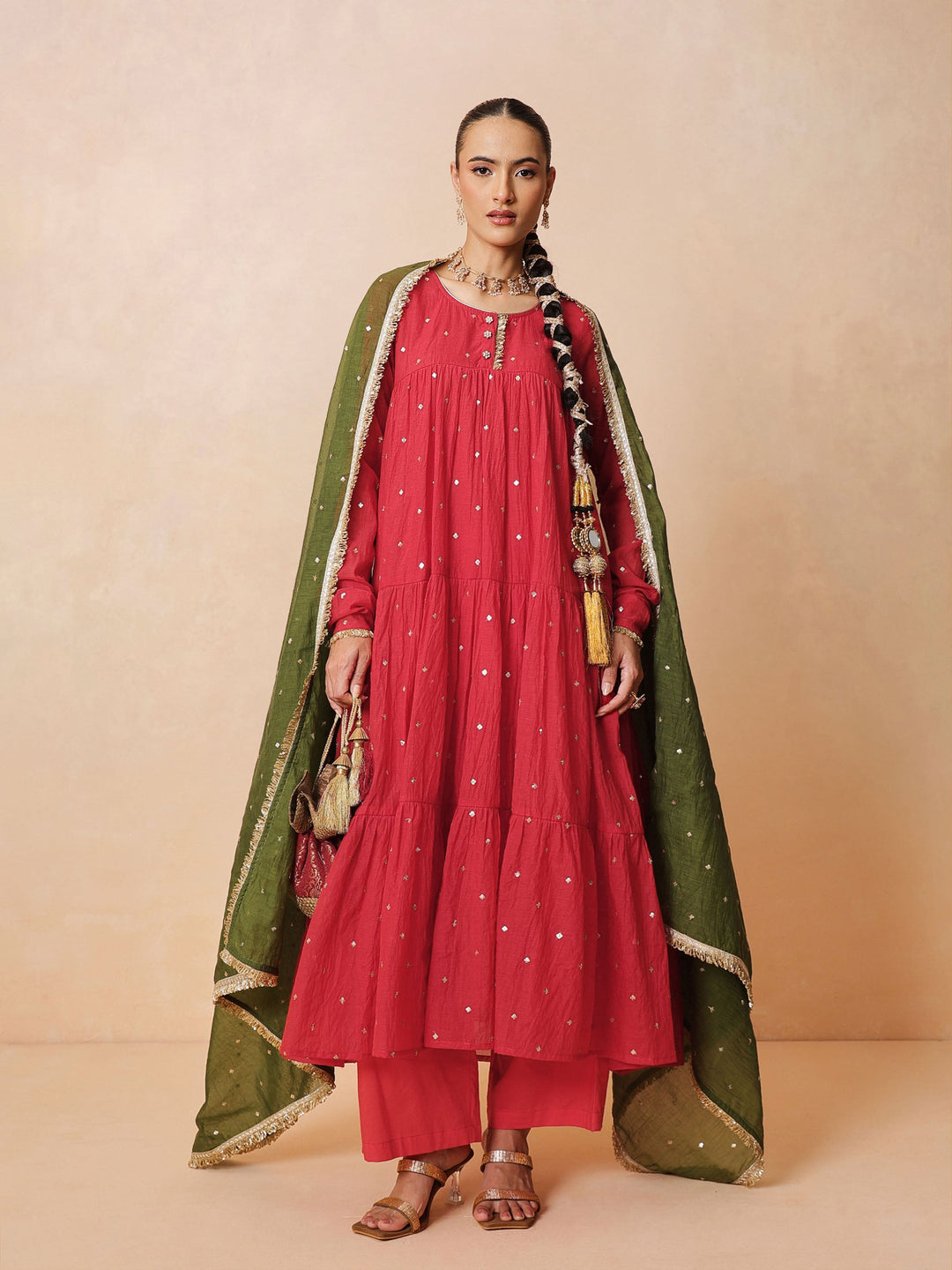 Women Red Chanderi Tiered Kurta With Straight Pants &amp; Dupatta