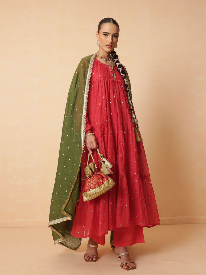 Women Red Chanderi Tiered Kurta With Straight Pants &amp; Dupatta