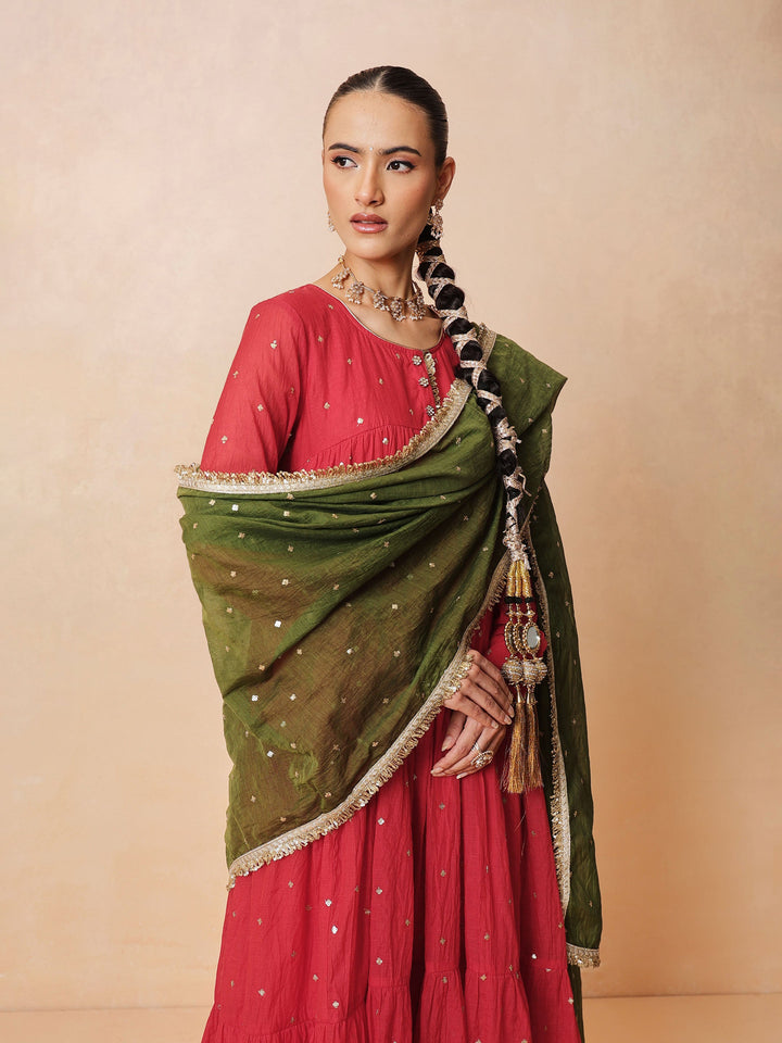Women Red Chanderi Tiered Kurta With Straight Pants &amp; Dupatta