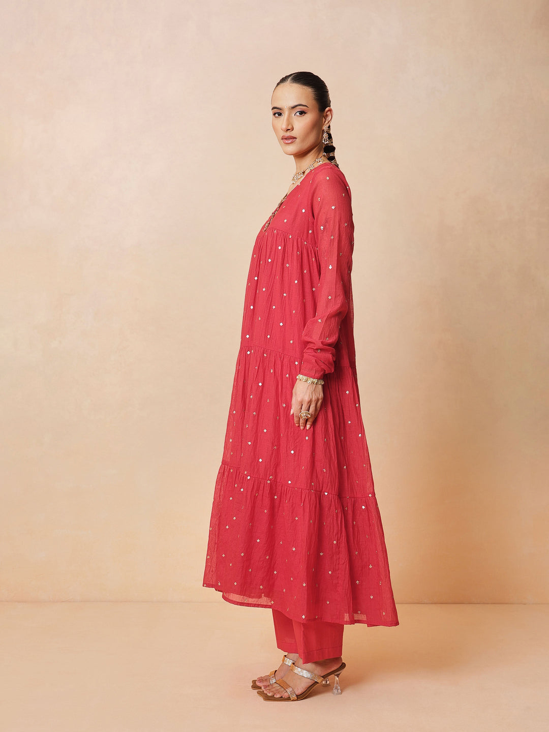 Women Red Chanderi Tiered Kurta With Straight Pants &amp; Dupatta