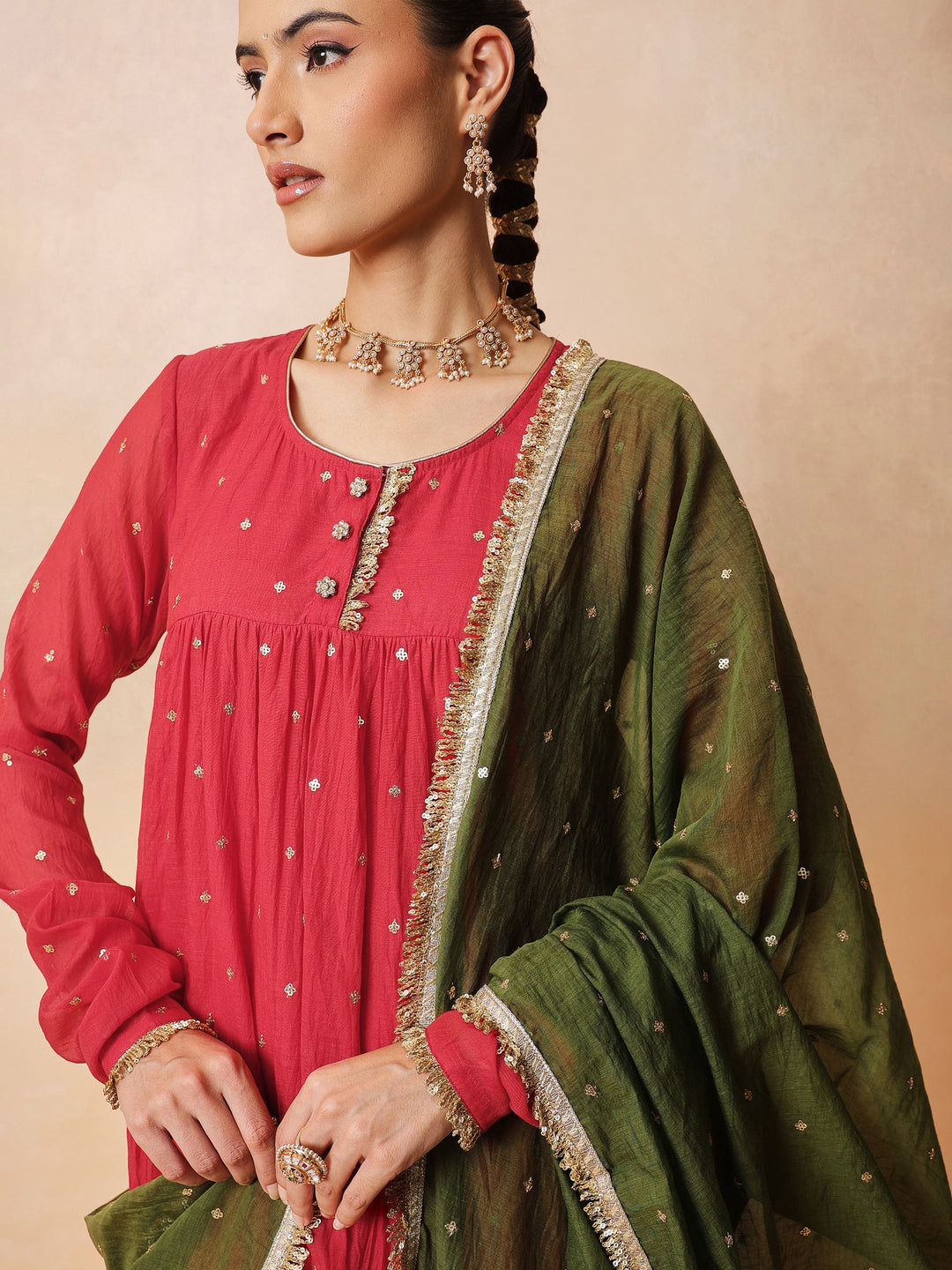 Women Red Chanderi Tiered Kurta With Straight Pants &amp; Dupatta