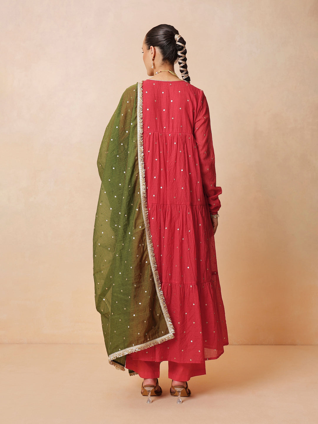 Women Red Chanderi Tiered Kurta With Straight Pants &amp; Dupatta
