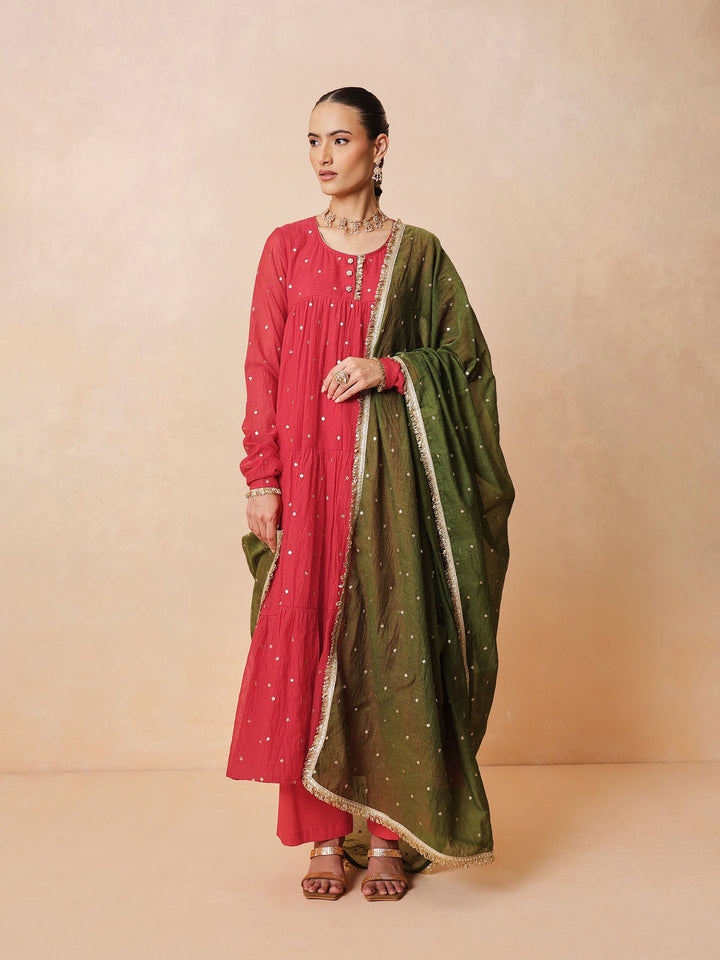 Women Red Chanderi Tiered Kurta With Straight Pants &amp; Dupatta