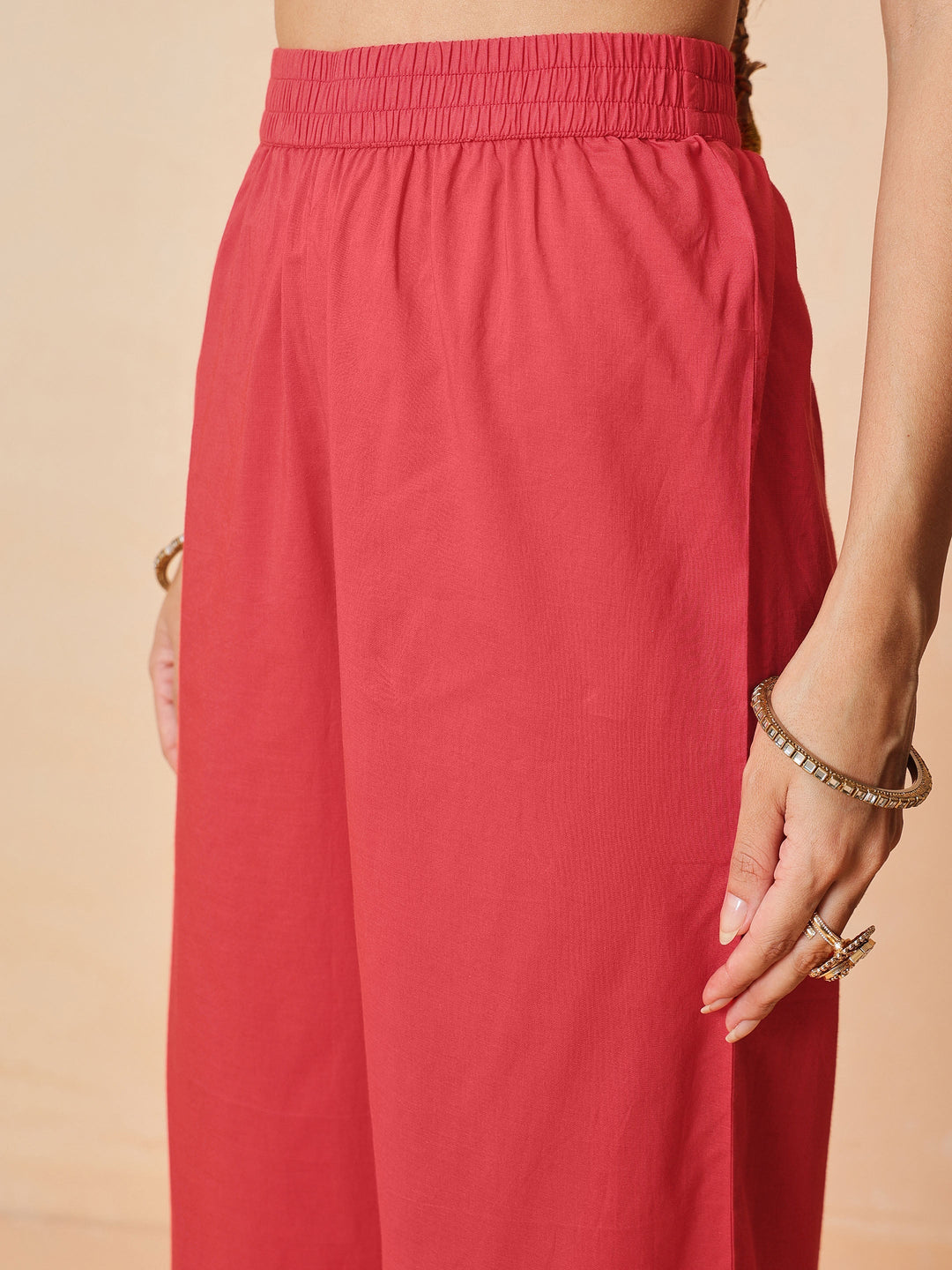Women Red Chanderi Tiered Kurta With Straight Pants &amp; Dupatta