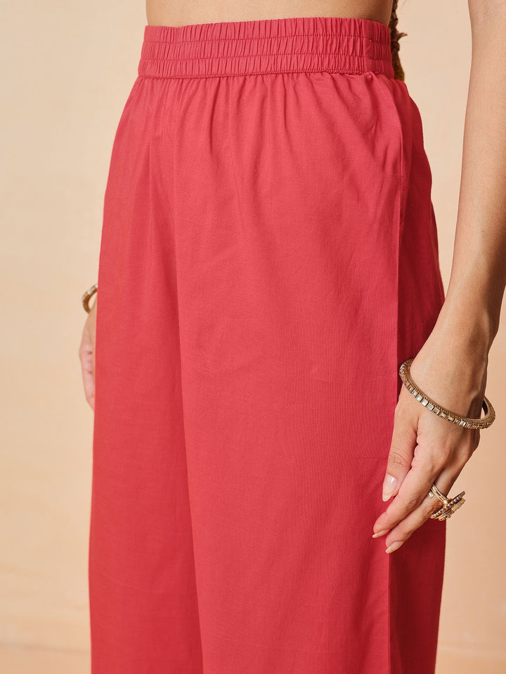 Women Red Chanderi Tiered Kurta With Straight Pants &amp; Dupatta