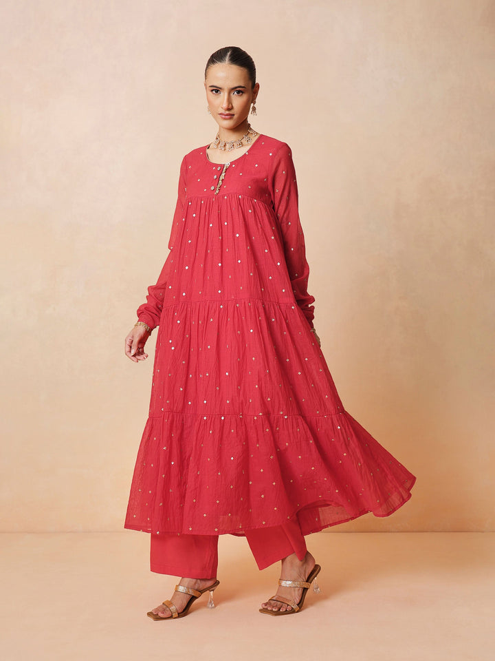 Women Red Chanderi Tiered Kurta With Straight Pants &amp; Dupatta