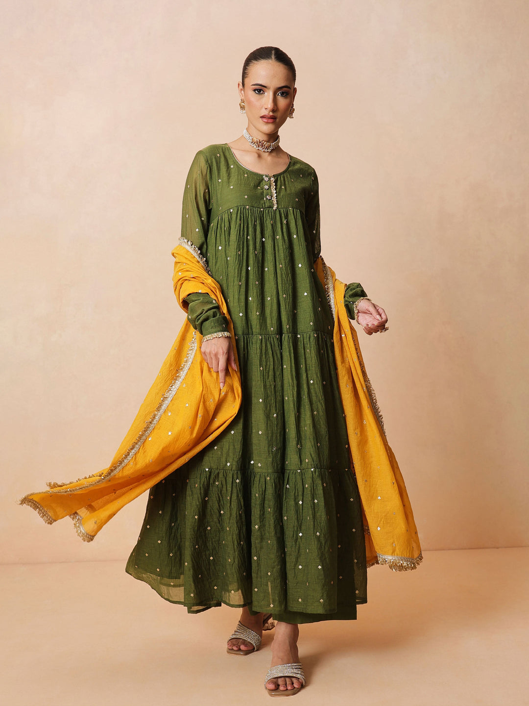 Women Olive Chanderi Tiered Kurta With Straight Pants &amp; Dupatta