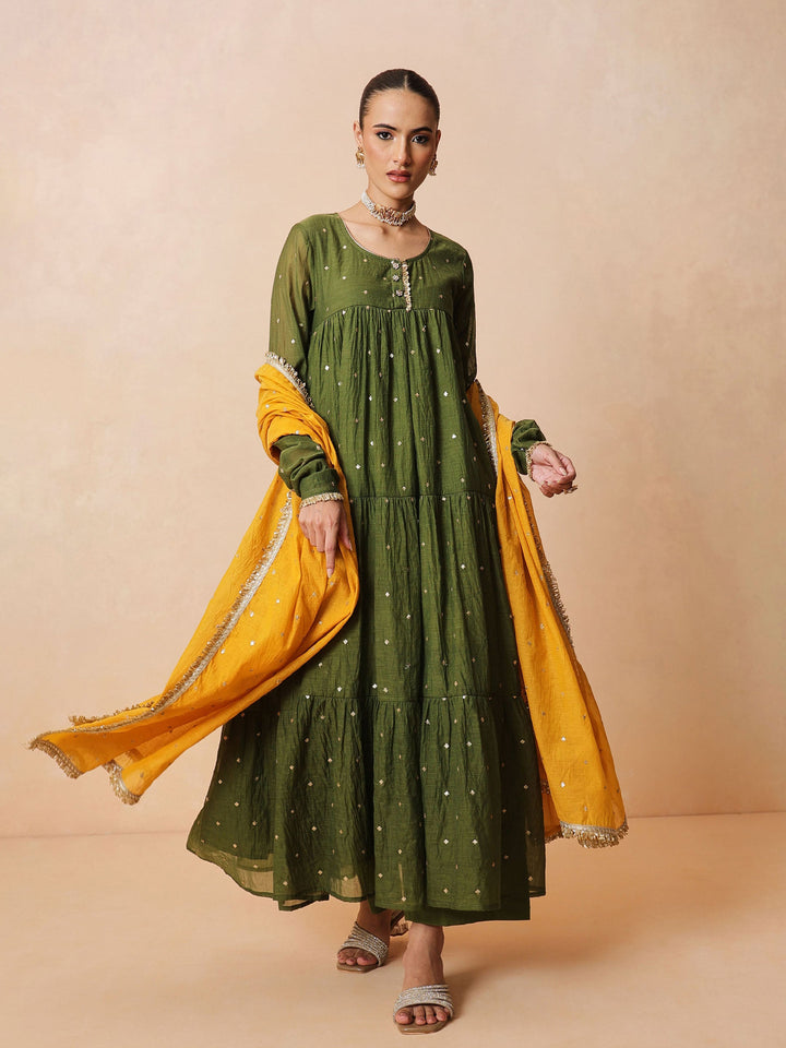 Women Olive Chanderi Tiered Kurta With Straight Pants &amp; Dupatta