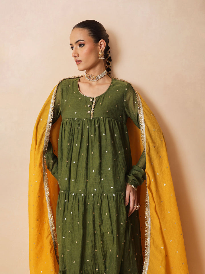 Women Olive Chanderi Tiered Kurta With Straight Pants &amp; Dupatta