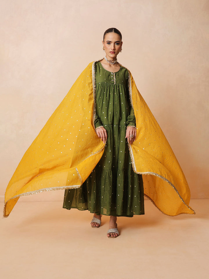 Women Olive Chanderi Tiered Kurta With Straight Pants &amp; Dupatta