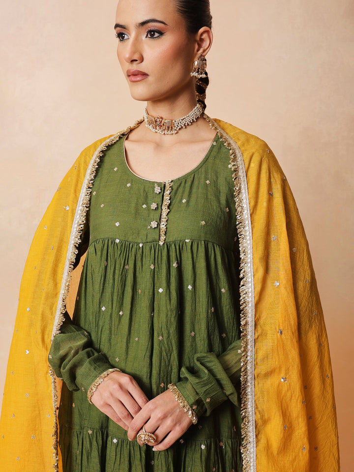 Women Olive Chanderi Tiered Kurta With Straight Pants &amp; Dupatta