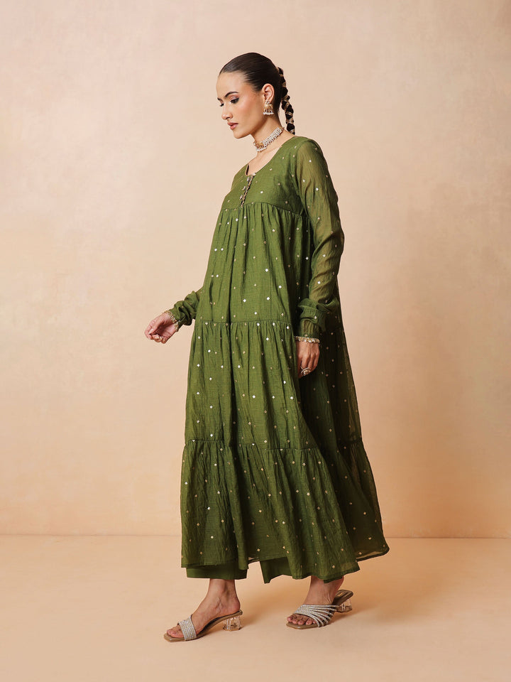 Women Olive Chanderi Tiered Kurta With Straight Pants &amp; Dupatta