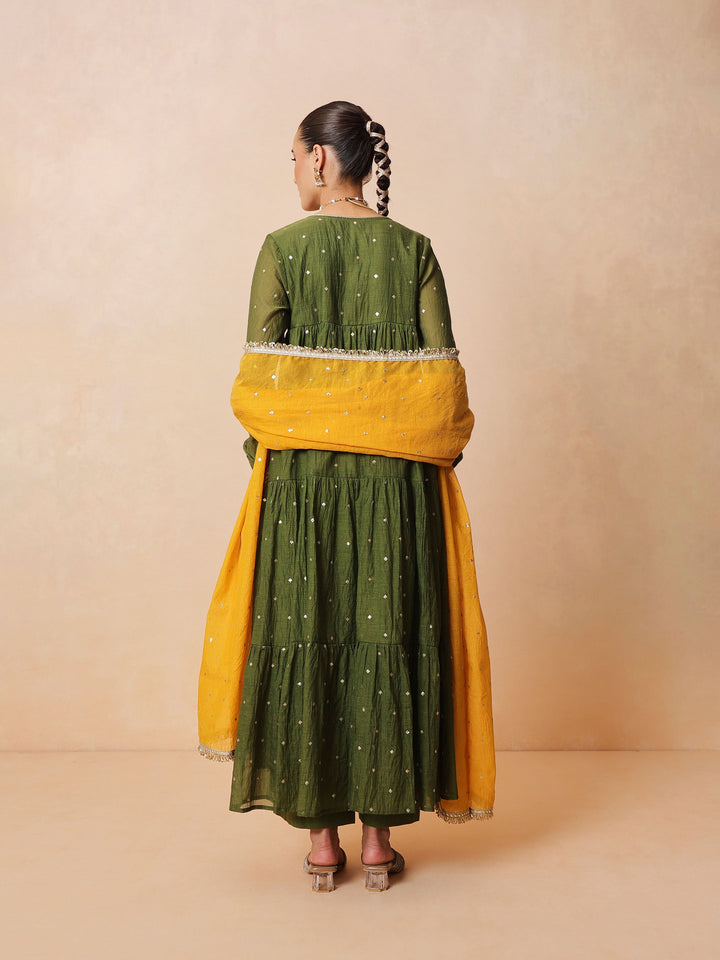 Women Olive Chanderi Tiered Kurta With Straight Pants &amp; Dupatta