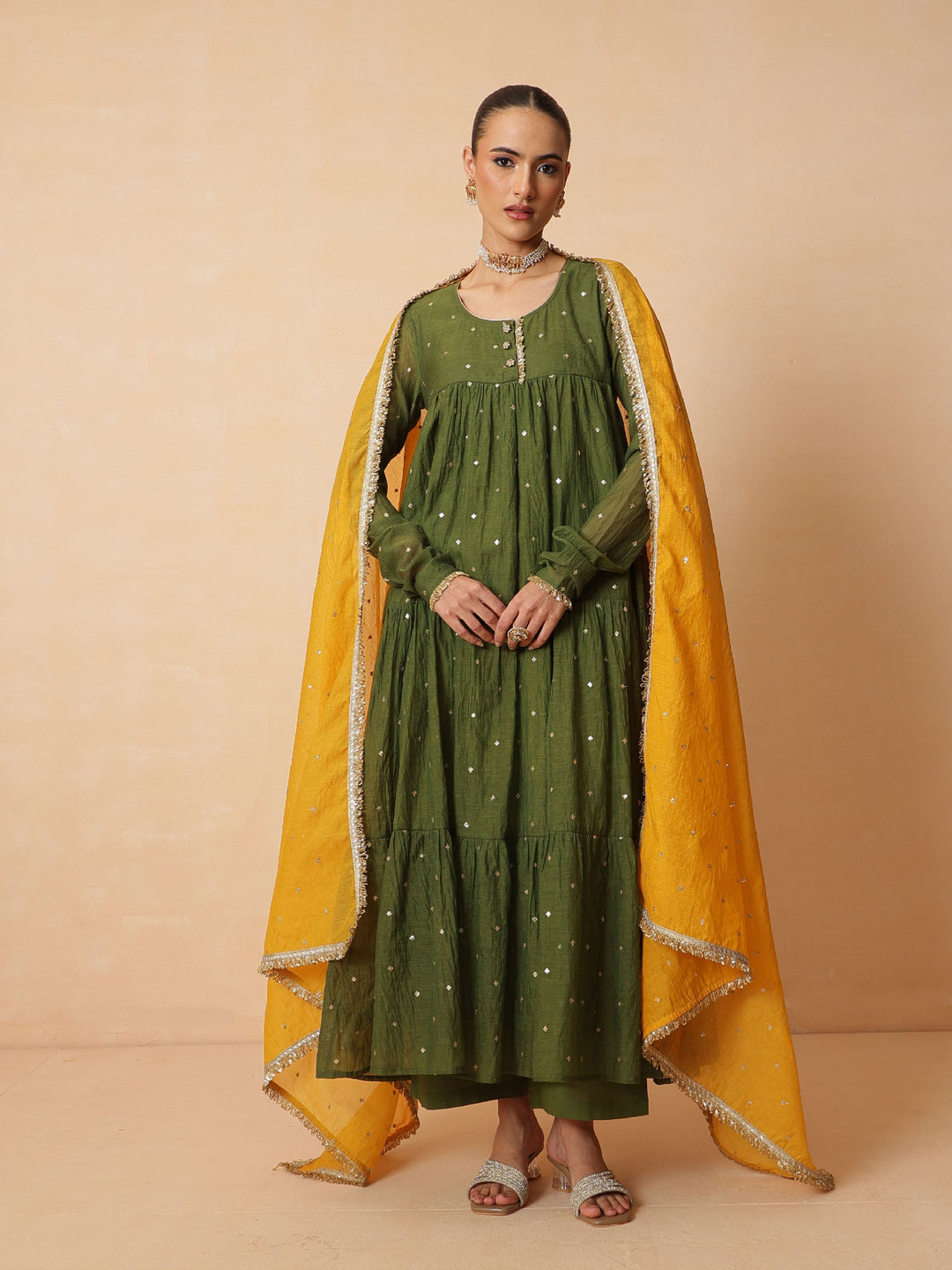 Women Olive Chanderi Tiered Kurta With Straight Pants &amp; Dupatta