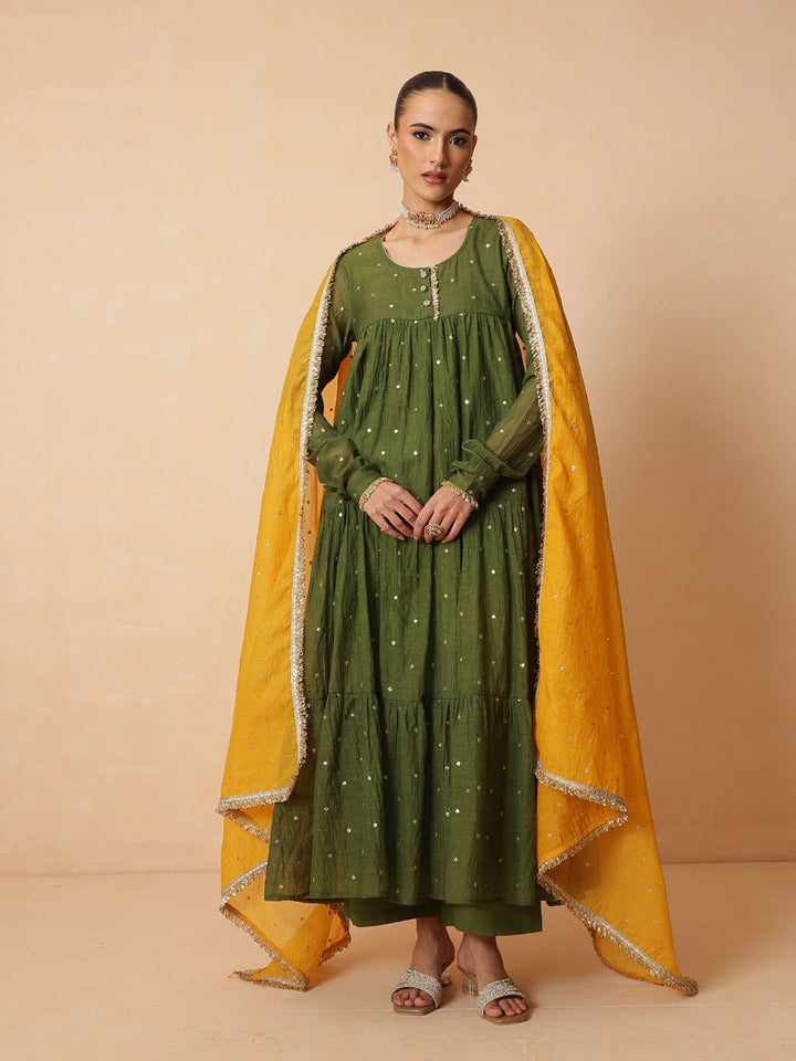 Women Olive Chanderi Tiered Kurta With Straight Pants &amp; Dupatta