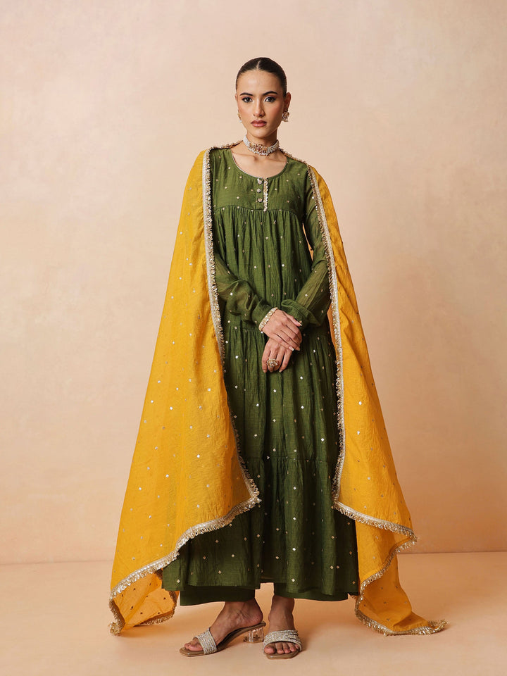 Women Olive Chanderi Tiered Kurta With Straight Pants &amp; Dupatta