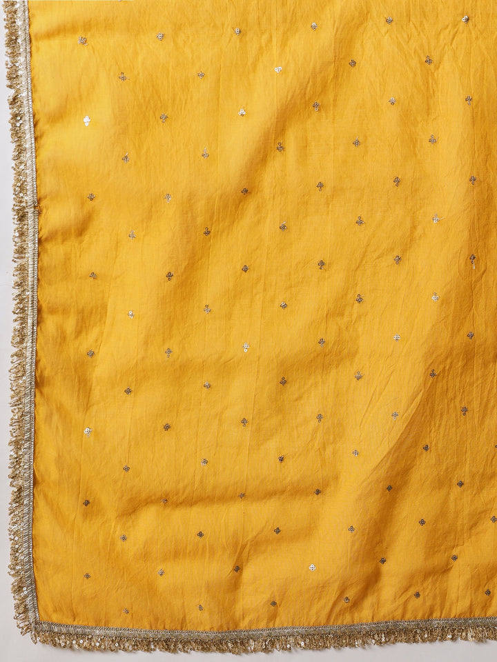 Women Olive Chanderi Tiered Kurta With Straight Pants &amp; Dupatta