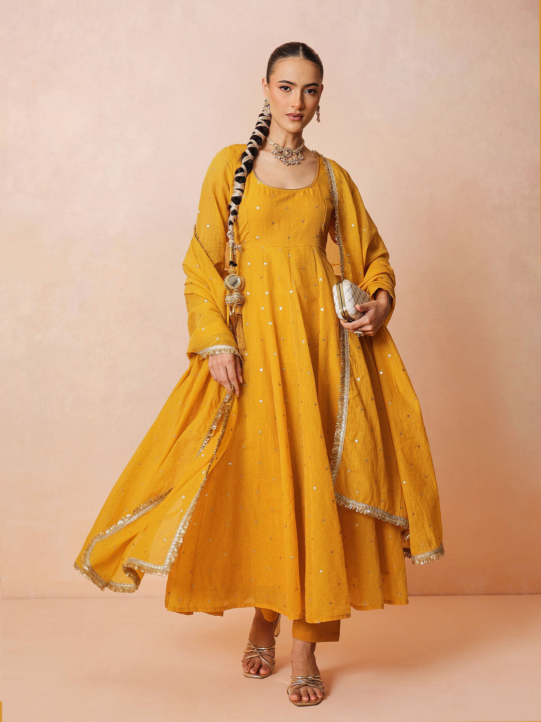Women Yellow Chanderi Anarkali Kurta With Straight Pants &amp; Dupatta