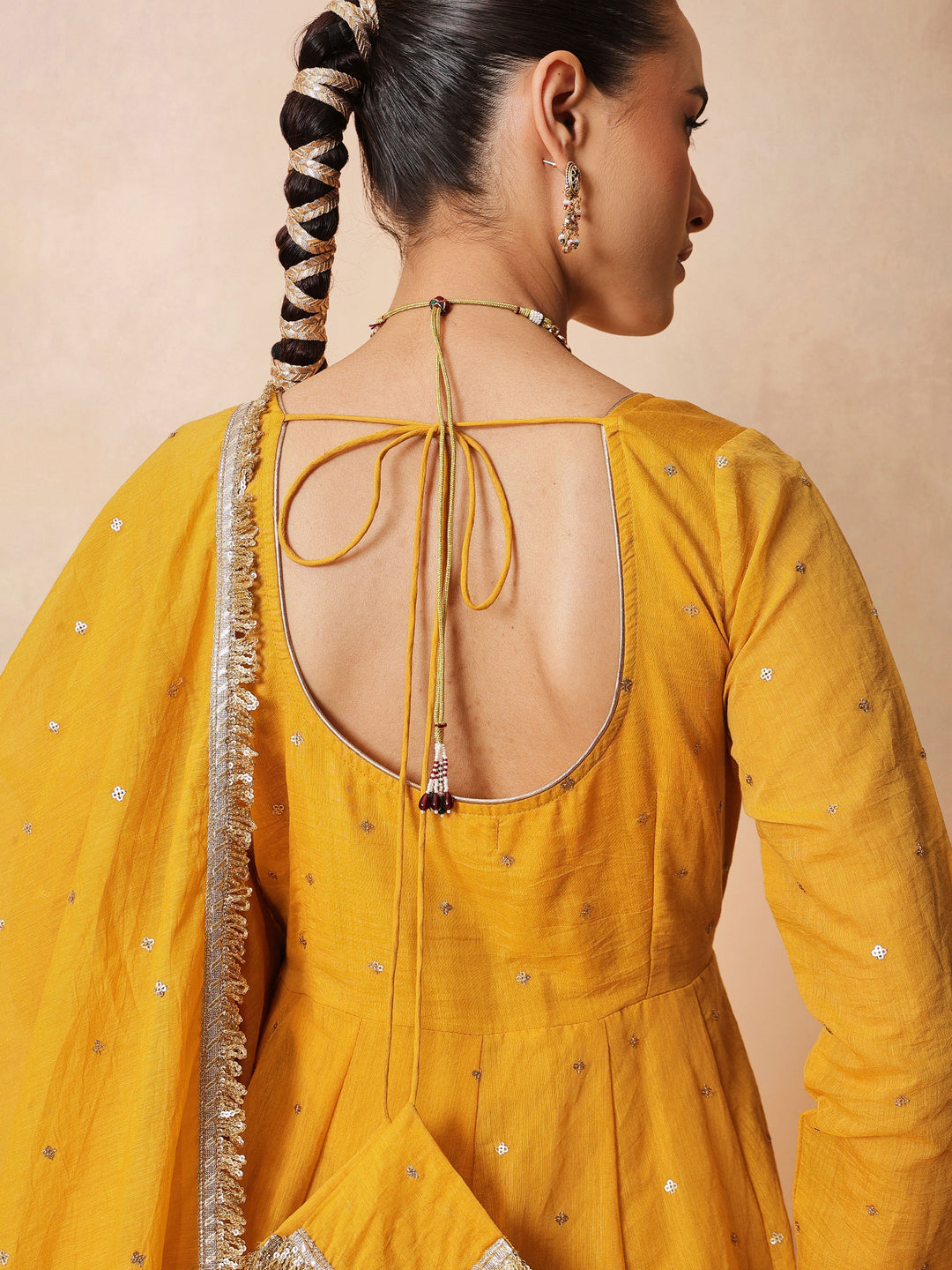 Women Yellow Chanderi Anarkali Kurta With Straight Pants &amp; Dupatta