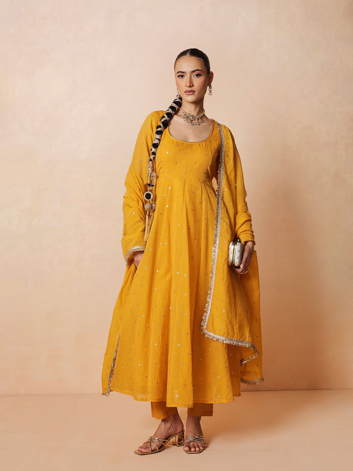 Women Yellow Chanderi Anarkali Kurta With Straight Pants &amp; Dupatta