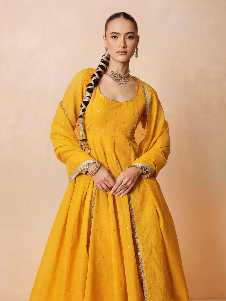 Women Yellow Chanderi Anarkali Kurta With Straight Pants &amp; Dupatta