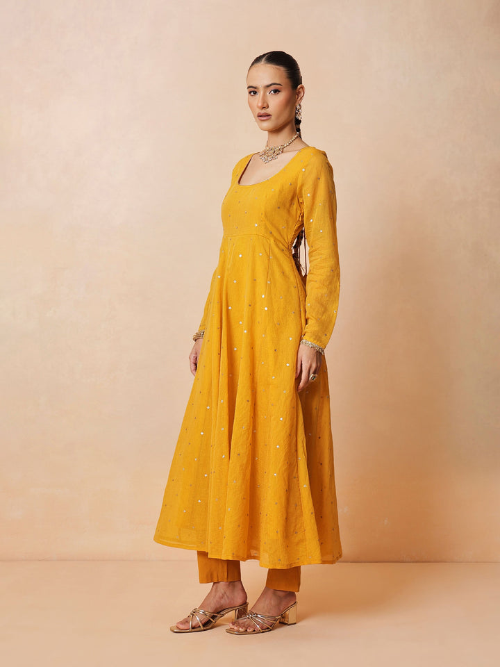 Women Yellow Chanderi Anarkali Kurta With Straight Pants &amp; Dupatta