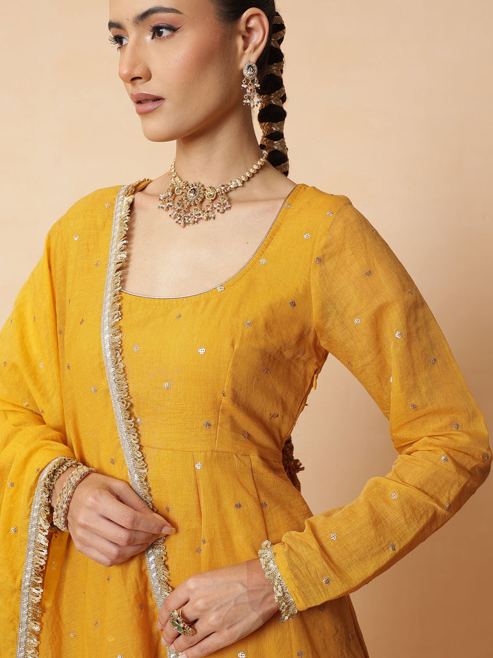 Women Yellow Chanderi Anarkali Kurta With Straight Pants &amp; Dupatta