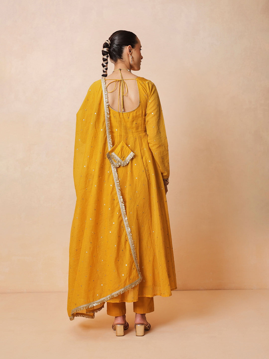 Women Yellow Chanderi Anarkali Kurta With Straight Pants &amp; Dupatta
