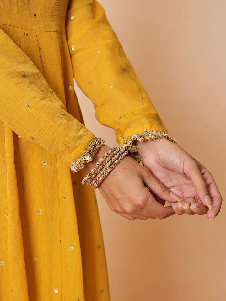 Women Yellow Chanderi Anarkali Kurta With Straight Pants &amp; Dupatta