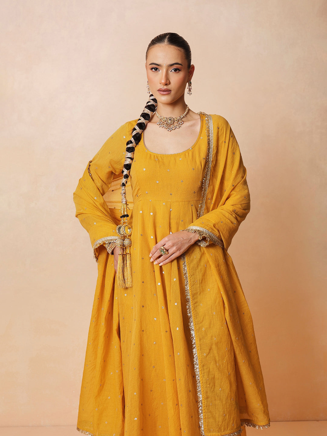 Women Yellow Chanderi Anarkali Kurta With Straight Pants &amp; Dupatta
