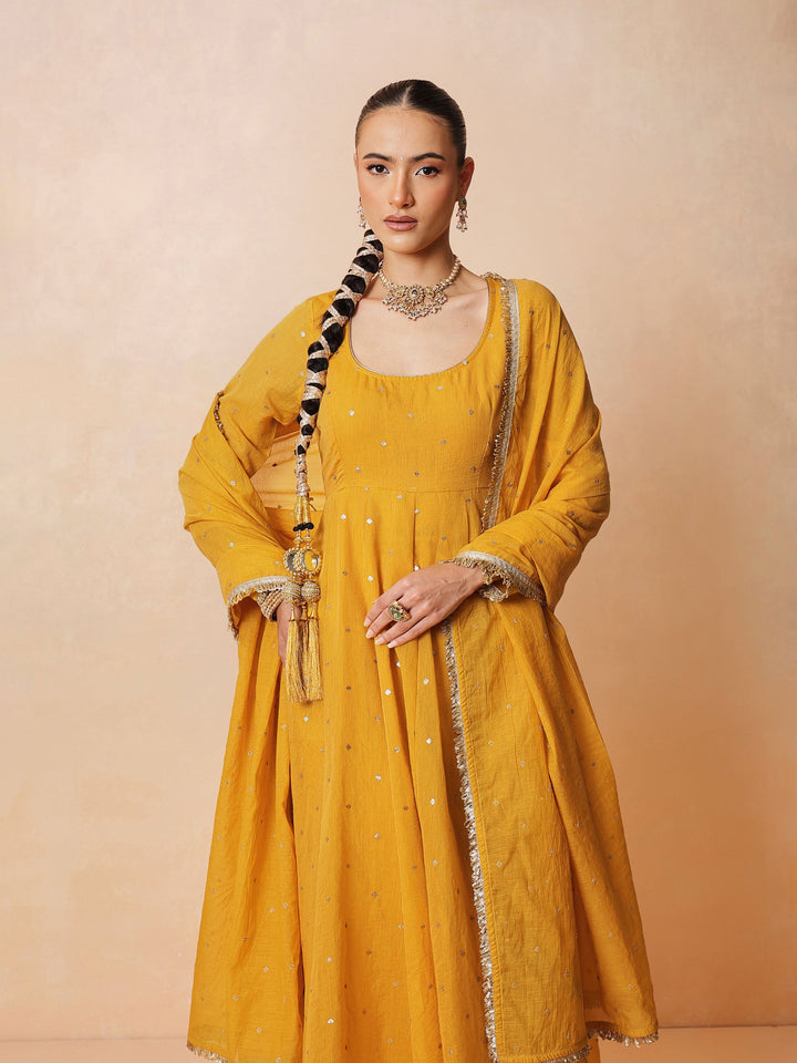 Women Yellow Chanderi Anarkali Kurta With Straight Pants &amp; Dupatta