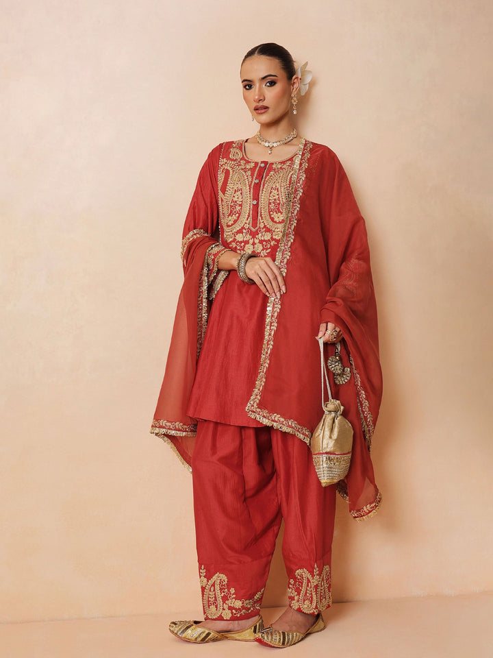 Women Maroon Embroidered Choga Kurta With Farshi Salwar &amp; Dupatta