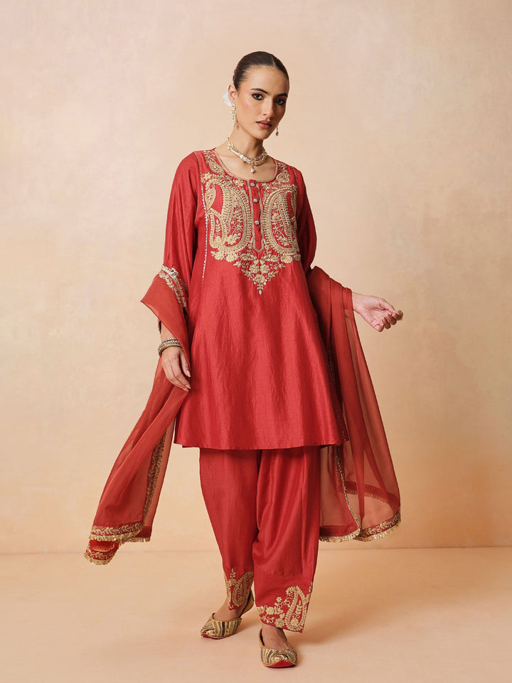 Women Maroon Embroidered Choga Kurta With Farshi Salwar &amp; Dupatta