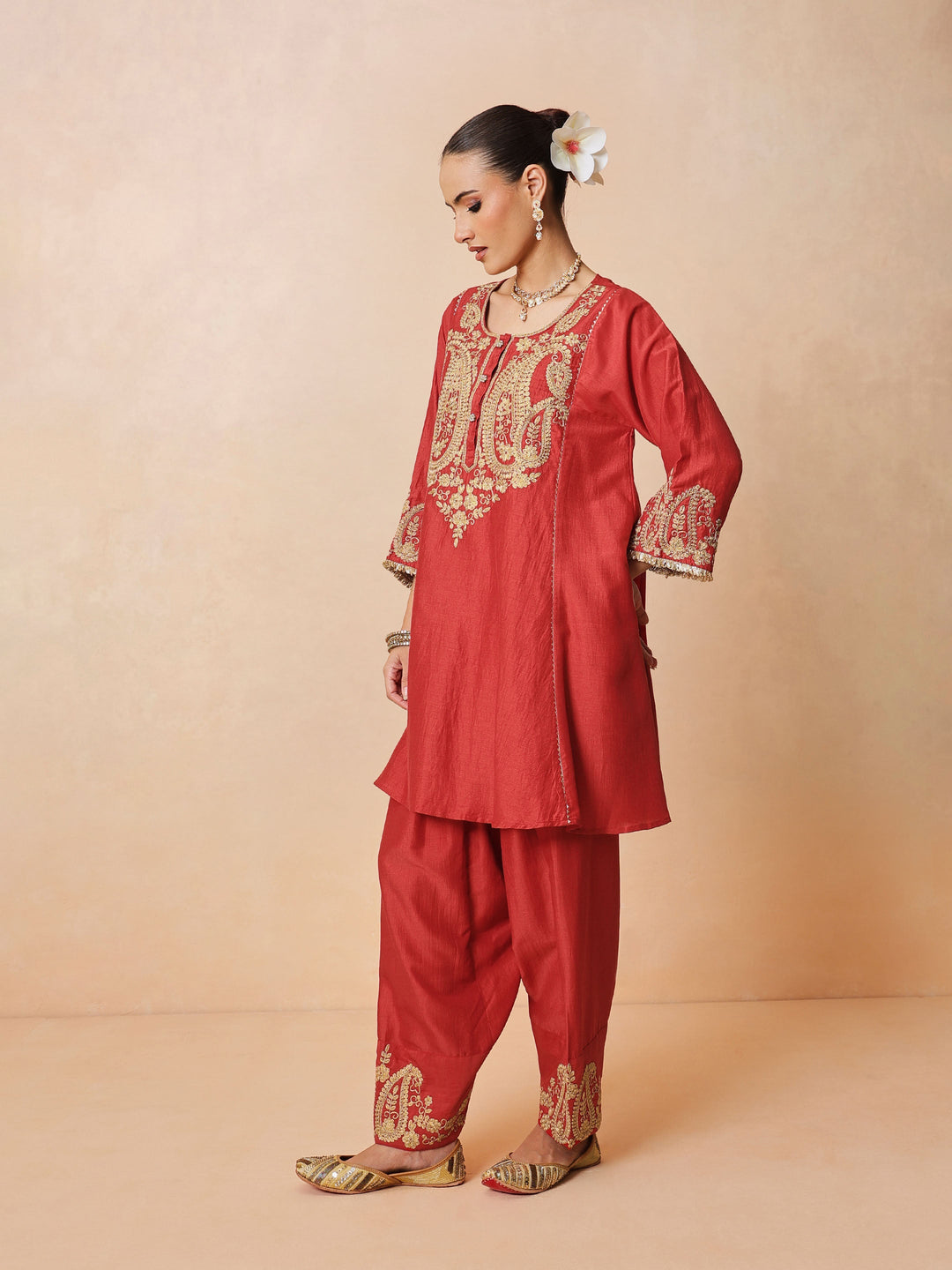 Women Maroon Embroidered Choga Kurta With Farshi Salwar &amp; Dupatta