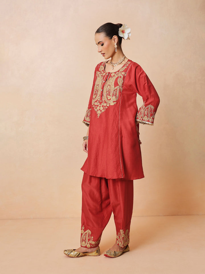 Women Maroon Embroidered Choga Kurta With Farshi Salwar &amp; Dupatta