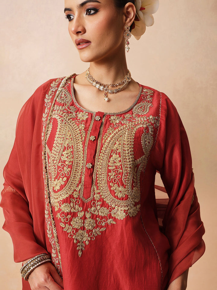 Women Maroon Embroidered Choga Kurta With Farshi Salwar &amp; Dupatta