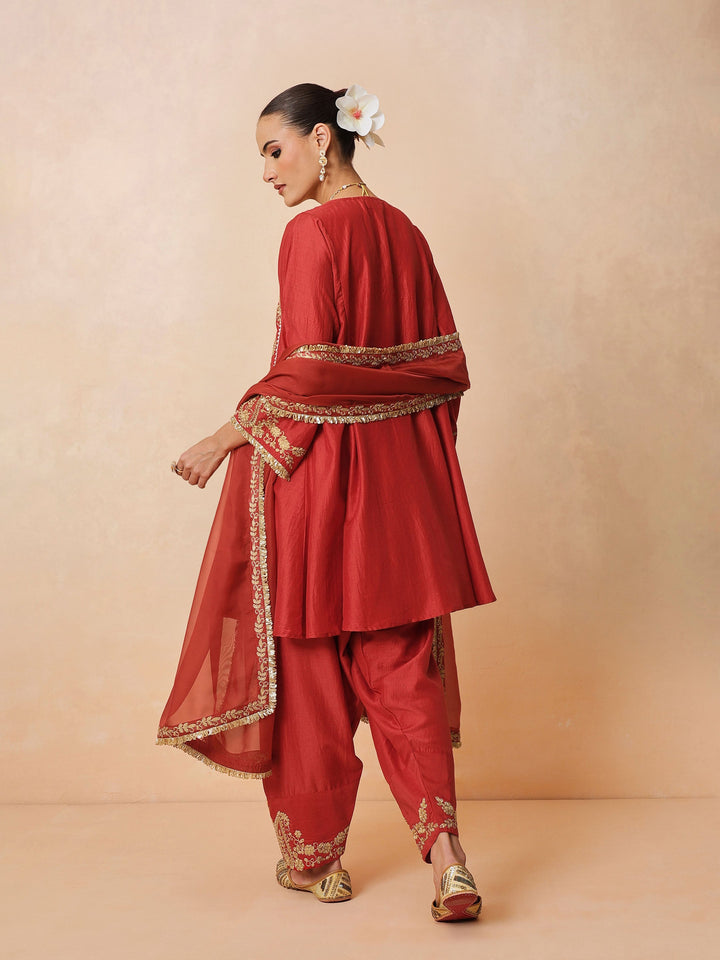 Women Maroon Embroidered Choga Kurta With Farshi Salwar &amp; Dupatta