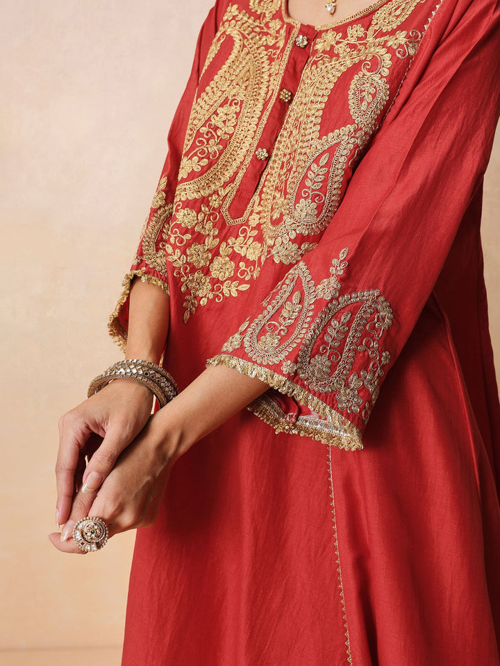 Women Maroon Embroidered Choga Kurta With Farshi Salwar &amp; Dupatta