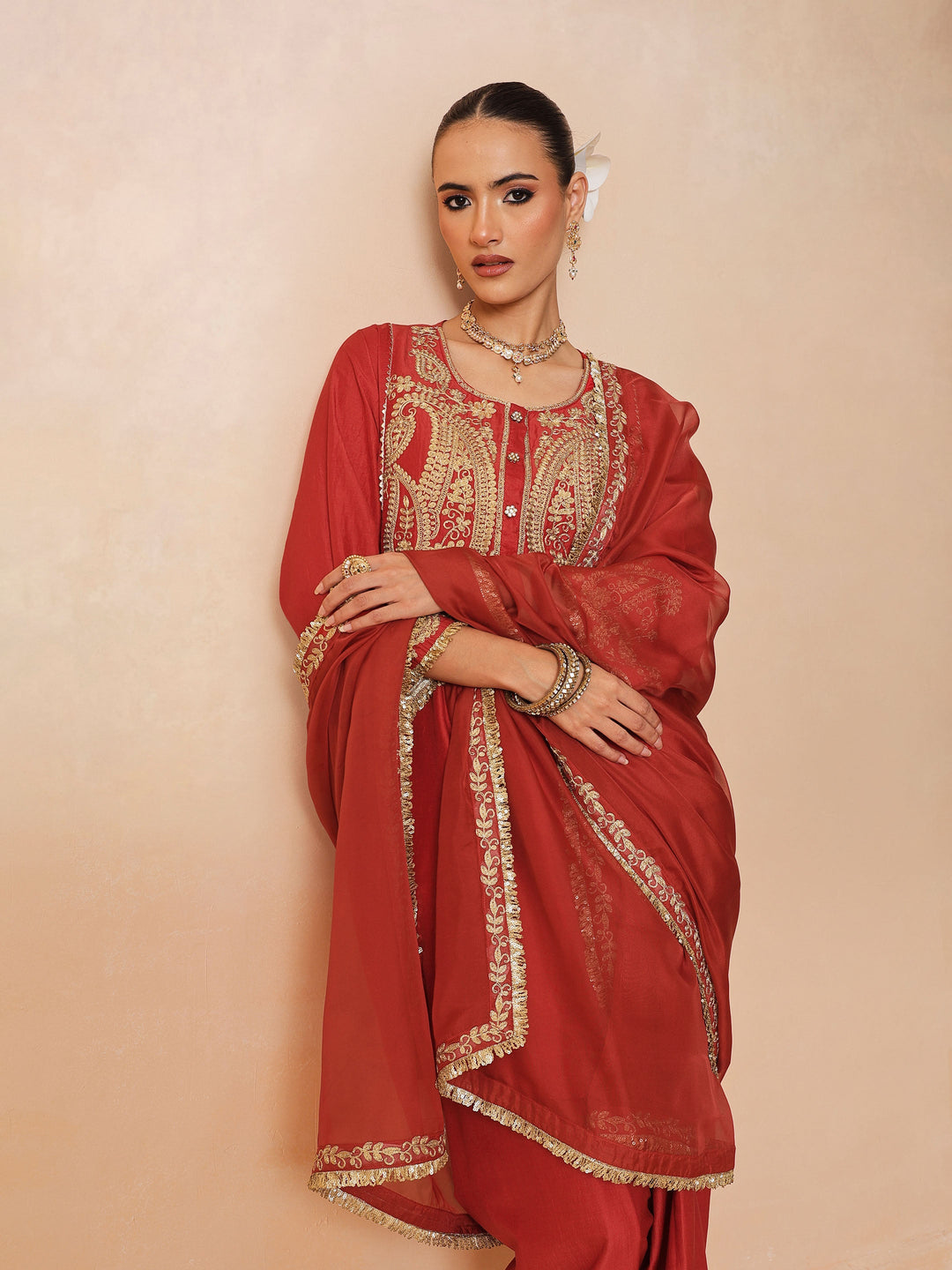 Women Maroon Embroidered Choga Kurta With Farshi Salwar &amp; Dupatta