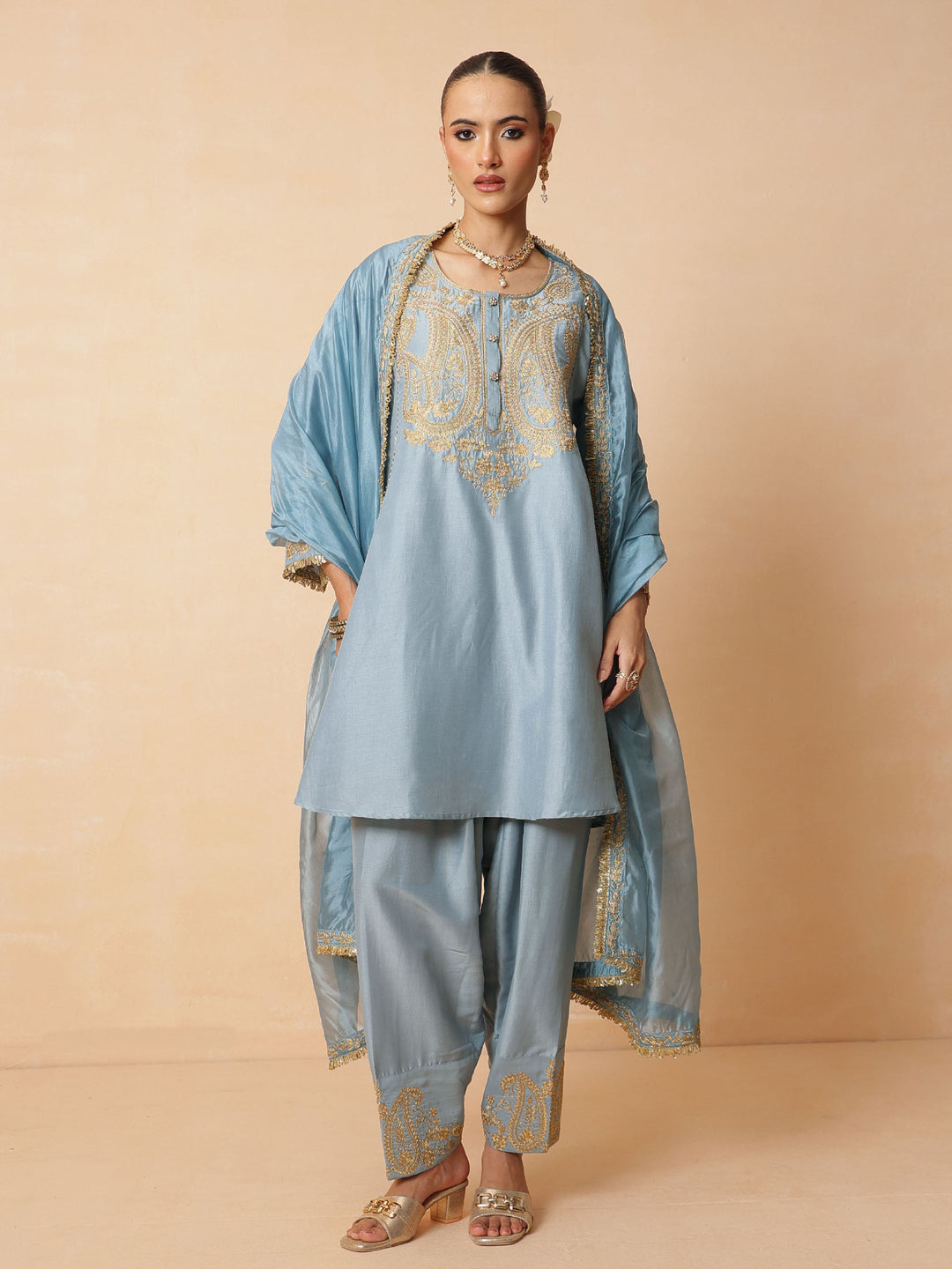 Women Powder Blue Embroidered Choga Kurta With Farshi Salwar &amp; Dupatta